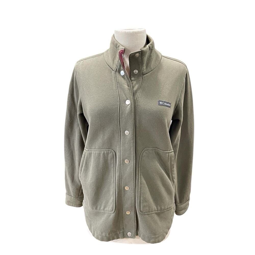 Columbia Jacket Adult Small Green Snap Button Up Pockets Back Drawstring Soft